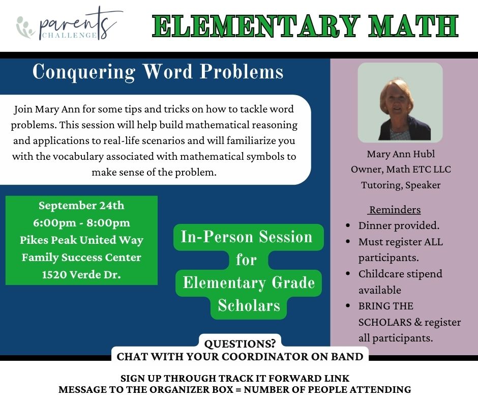 Flier to an in person math session about tackling word problems